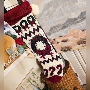 VTG Retro Crochet Candy Cane & Wreath Red Toe Pom Detail Christmas Stocking.